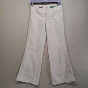 Roxy White Denim Flare Jeans Size 1 Wide Leg Raw Hem Low Rise Pants